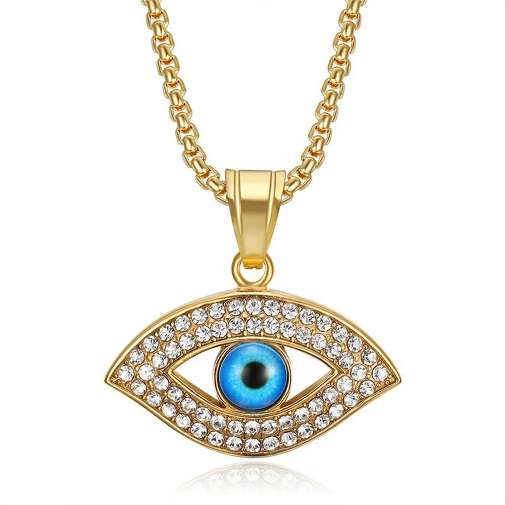 

Hip Hop Iced Out Bling Blue Evil Eye Pendant Gold Color Stainless Steel Turkish Amulet Necklace for Women Men Party Jewelry Gift