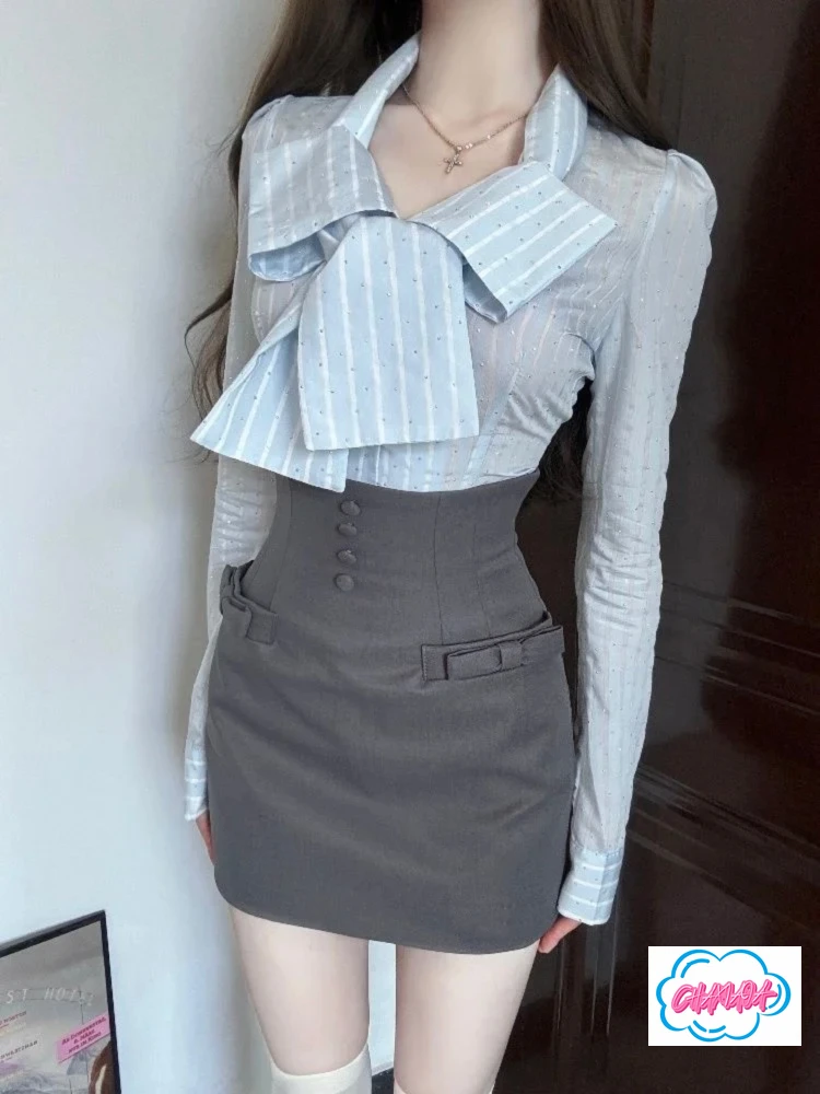 Costume de Style collégial du département coréen, jupe courte brodée de haute qualité avec gros nœud, chemise Lolita douce et mignonne à manches longues pour femmes