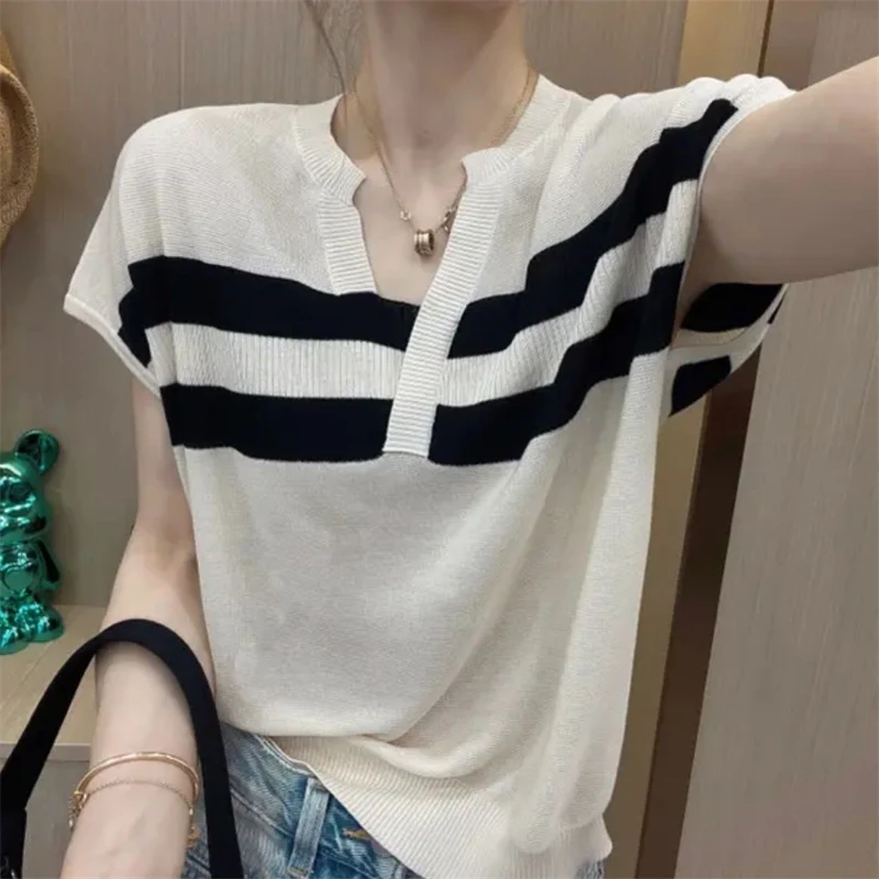 Women Simple Fashion Striped Polo Collar Ice Silk Thin Knitted T Shirt 2024Summer Female Casual Short Sleeve Loose Pullover Tops