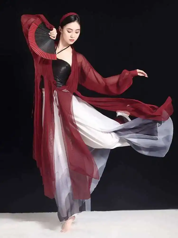

Ancient Style Classical Dance Gradient Jazz Dance Costume Body Rhyme Gauze Dress Ethnic Fairy Elegant Practice Costume
