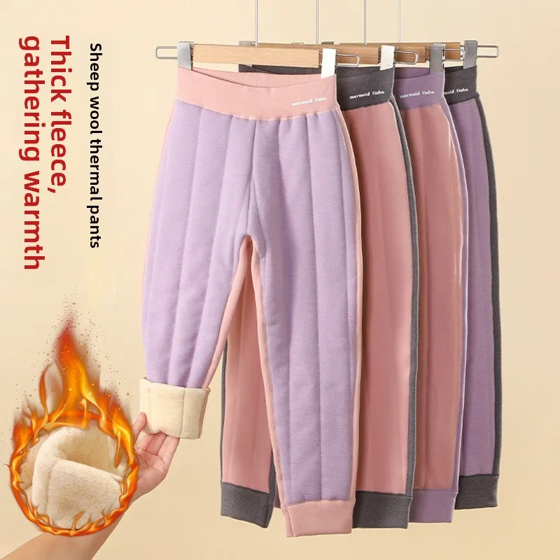 Color-block Striped Lady Winter Stretch Children Warm Pants Girls Kids Thick Leggings Woman Kids Pants Elastic Waistband Daily