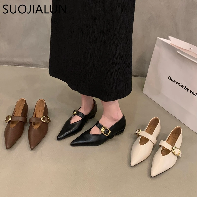 SUOJIALUN Women Flat Shoes Fashion Pointed Toe Shallow Slip On Ladies Dress Ballet Shoes Flat Heel Ladies Casual Mary Jane Shoes