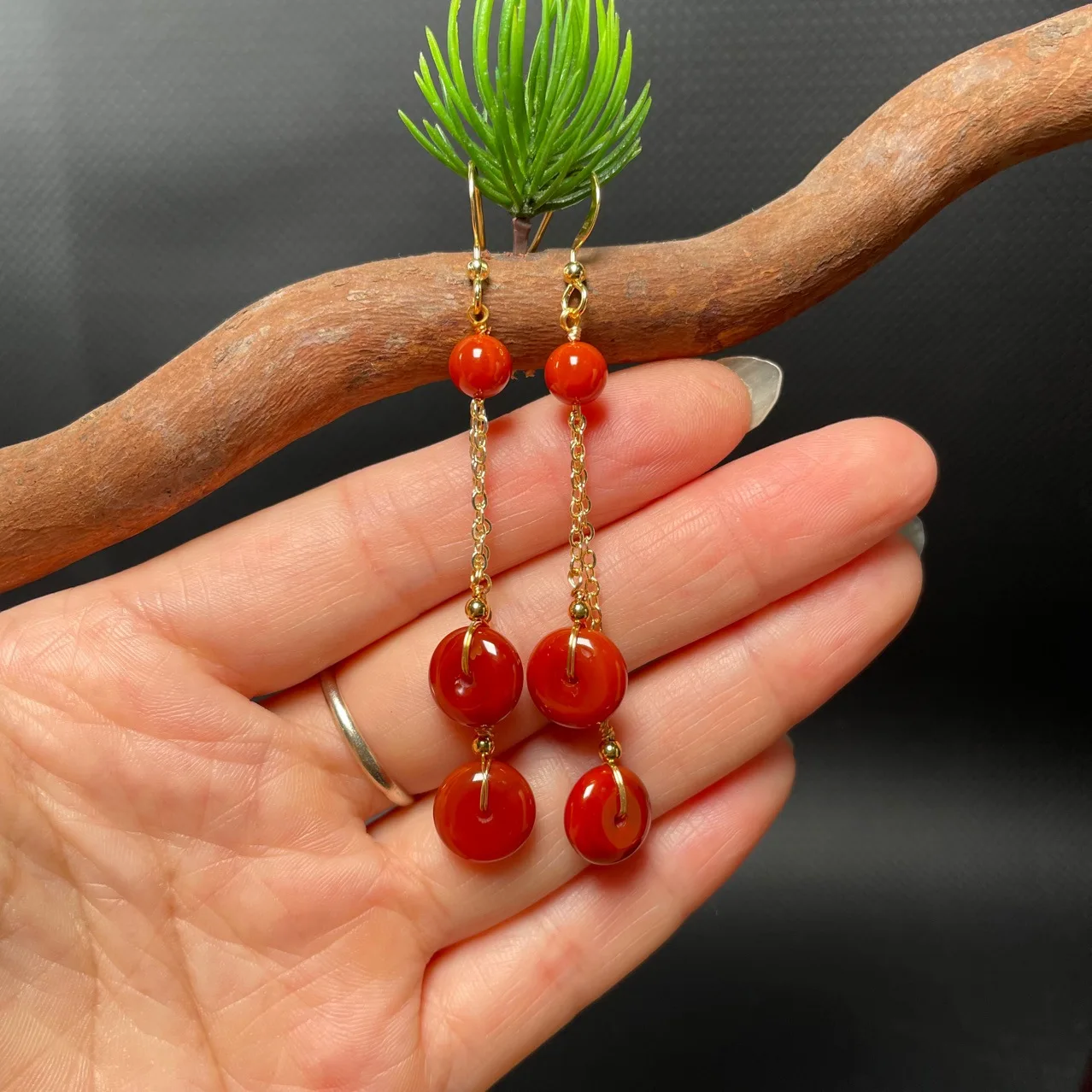 Natural Red Harmony Agate Jade Chain Dangle Design Long Hook Earring Ancient Style Drop Earrings for women Trendy Jewelry