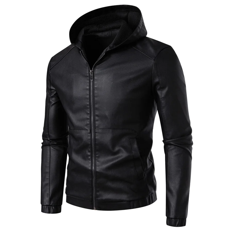 

Men's PU leather jacket, youth hooded biker suit, outdoor casual jacket, faux leather jacket