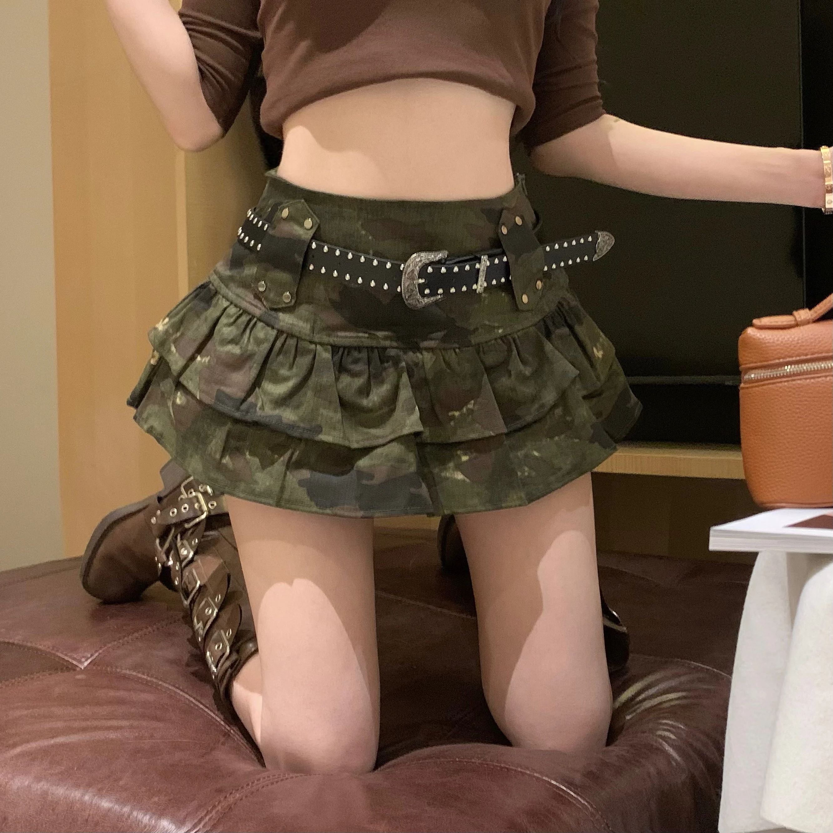 

American Retro Camouflage f Skirt Slimming Cake ort Skirt Pants Belted Autumn Women's Faionable Versatile Hot Girl