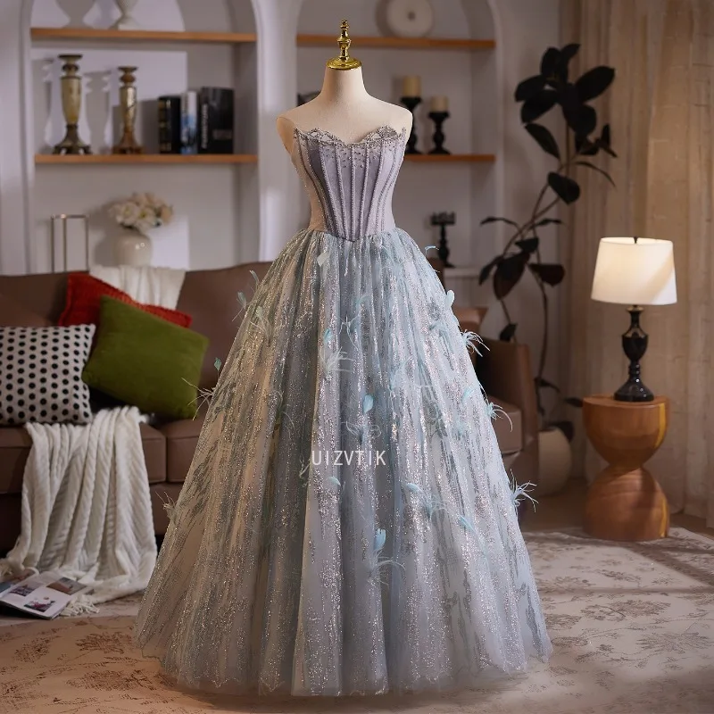 

Роскошное длинное вечернее платье без бретелек с блестящими бисером и блестками, перьями, платья для выпускного вечера, милая, длиной до пола, платья для особых случаев