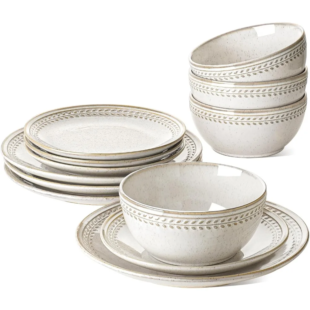 

Dinnerware Sets for 4, 12 Piece Ceramic Dish Set with Plates and Bowls | Oven/Dishwasher/Microwave Safe | Ideal for Housewarming
