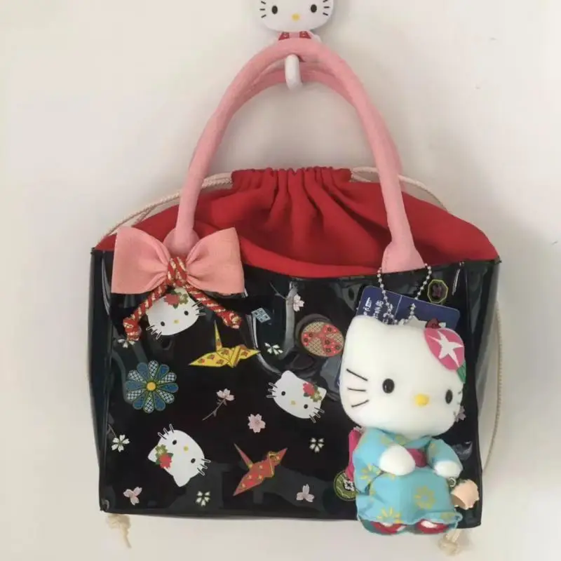 Hello Kitty Sanrio Cartoon Cute Japanese Patent Leather Drawstring Tote Bag Anime Plush Toys for Girls Kids Toys Birthday Gift