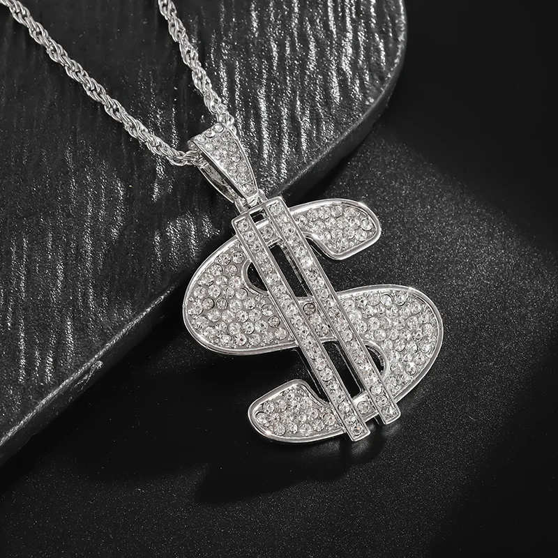 Hip Hop Iec Out Put Crystal Zirconia Dollar Sign Pendant Necklace Fashion Punk Cool Rock Rap Party Jewelry Accessories for Men