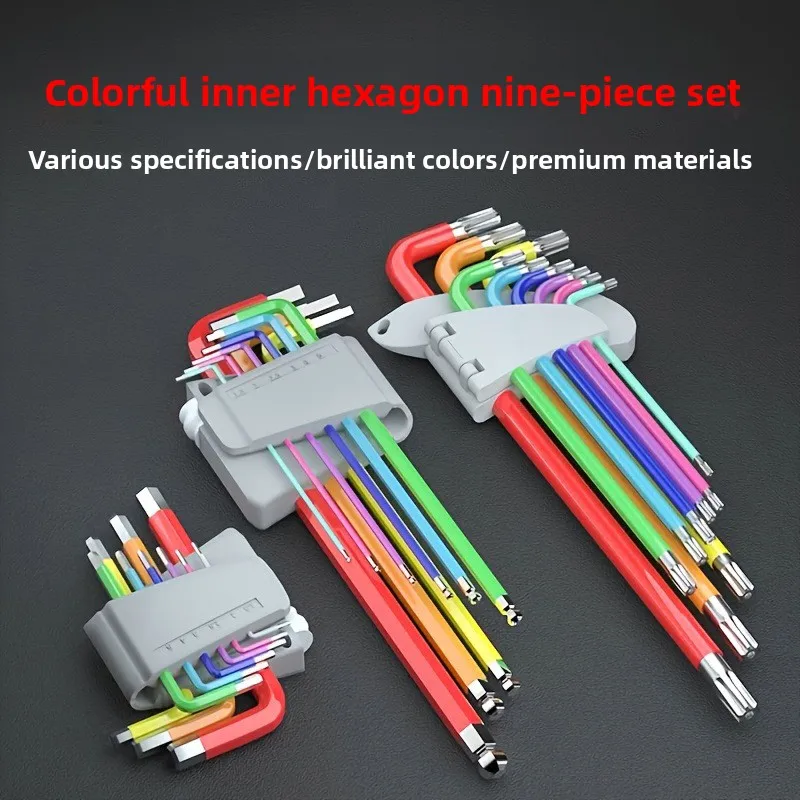 Multi use colored hex wrench,9-piece alloy steel forged bright colored handle,wear-resistant and drop resistant,not easy to rust