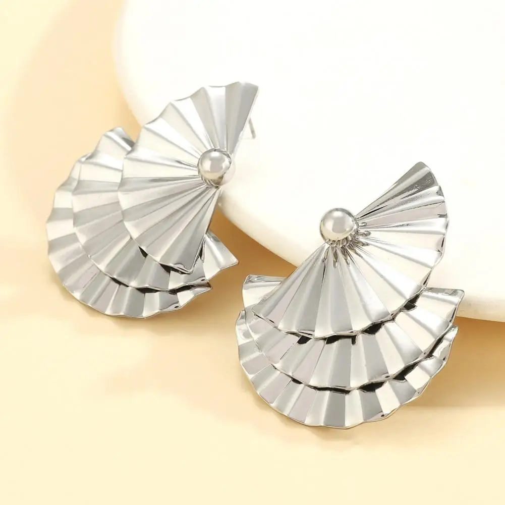 Women Ear Stud Exaggerated Layered Fan Shape Women's Earrings in Solid Color for Club Party Performance Celebrity Style Iron