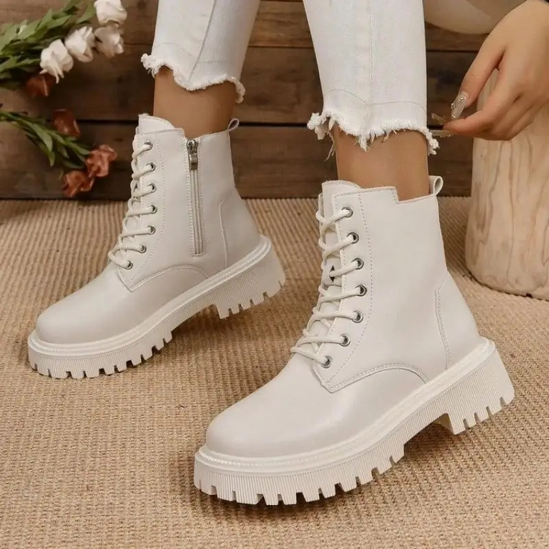 

Women's Autumn-Winter New Arrival Fleece-Lined Retro White Short Boots with Thick Sole, English Style Biker Boots for Women