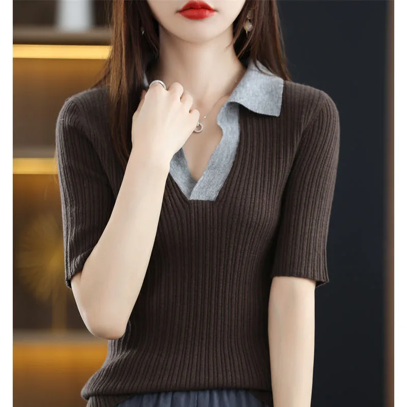 New Summer Fashion Korean Edition Contrast Polo Neck Short Sleeved Sweater Loose and Versatile Western Style Casual Knitted Top