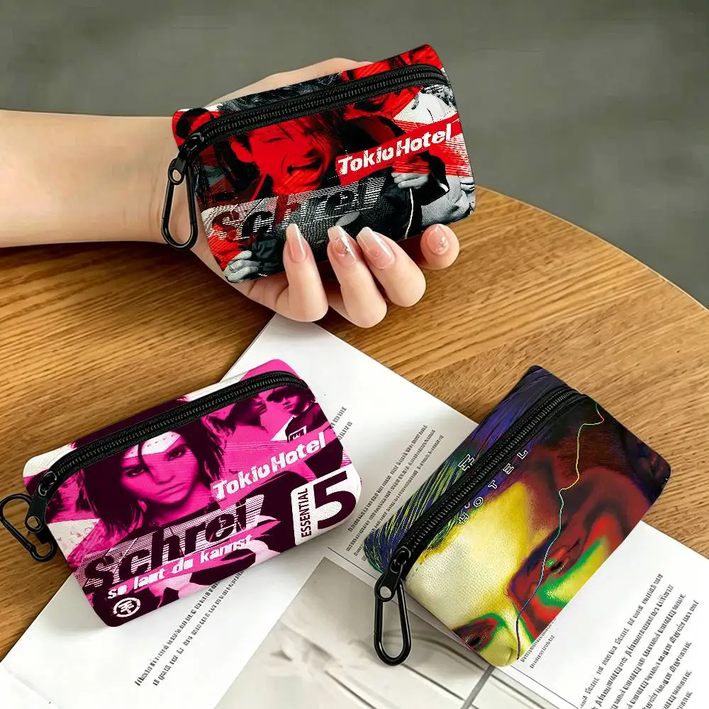 Tokio Hotel Rock Band Cover Portable Oxford Cloth Coin Purse Alloy Carabiner Hook Small Zipper Pouch For Backpack Belt Daily