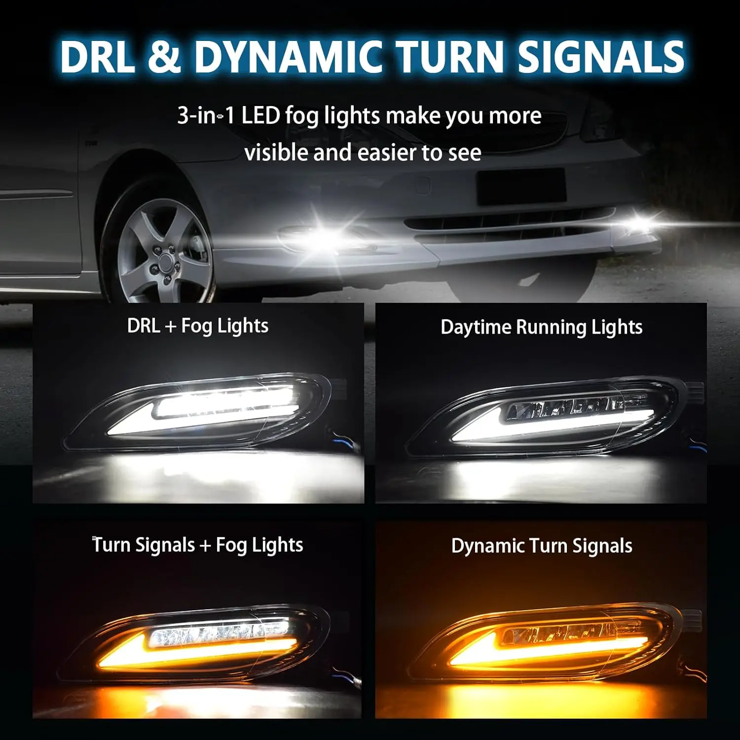 LED Fog Lights Compatible with Toyota Camry 2002 2023 2004 LED Daytime Running Light for Toyota Corolla 2005 2006 2007 2008 Dynamic Turn Signal for Toyota Solara 2002 2003 Startup Animation Fog Lamp Assembly with DRL