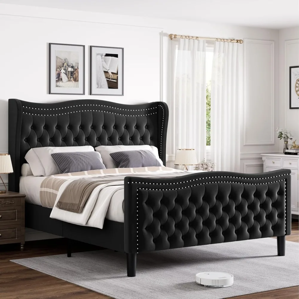 

Full Bed Frame, 52"" Headboard Upholstered Bed with Tall Footbaord, Velvet Upholstered Deep Button Tufted Wingback Platform Bed,