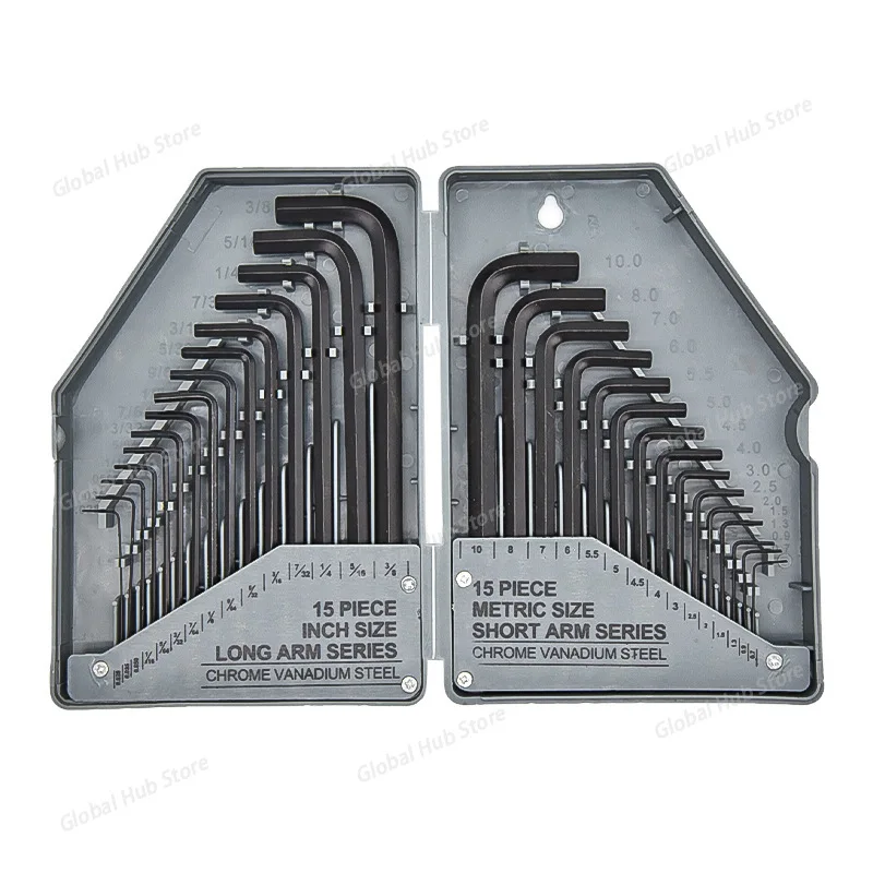 

30Pcs Wrench Set Hex Key Allen Wrench 0.028"- 3/8" Inch & 0.7mm-10mm Metric Size Chromium-vanadium Steel Spanner Long Arm Tool