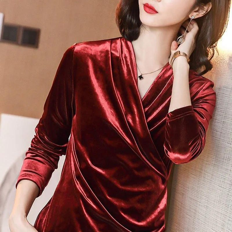 Elegant V-Neck Solid Color Folds Blouse Women\'s Clothing 2022 Autumn New Oversized Casual Pullovers Loose Office Lady Shirt