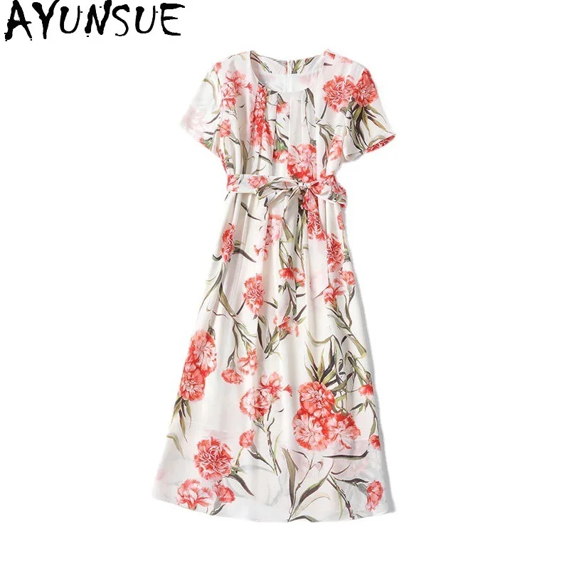 Ayunsue 100% Moerbei Zijden Jurk Voor Vrouwen Kleding Print Elegante Vrouwen Jurken Mode Zomer Jurk Franse Платье Женское 2024