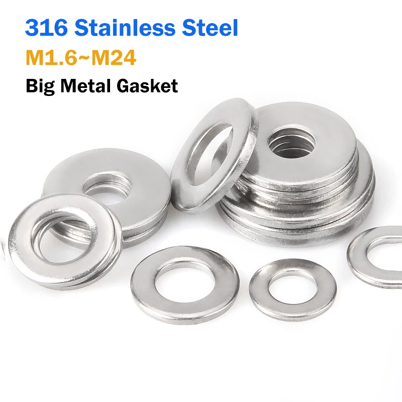 

1-50 шт. нержавеющая сталь 316, M1,6 M2 M2,5 M3 M4 M5 M6 M8 M10 ~ M24, большая металлическая прокладка, металлическое кольцо, прокладка, крепеж, простые шайбы Meson