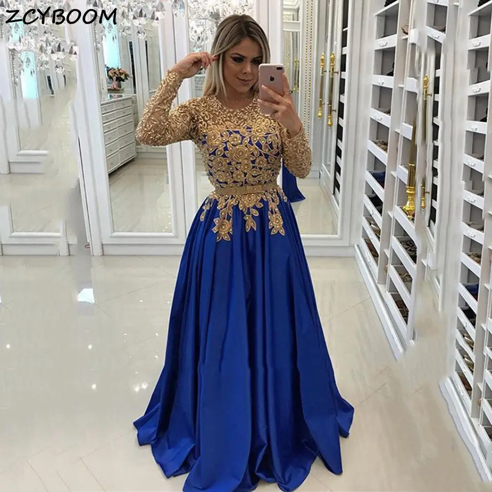 

Elegant Appliques O-Neck Royal Blue Prom Dress 2023 A-Line Floor Length Women Formal Party Night Vestidos Satin Evening Gowns