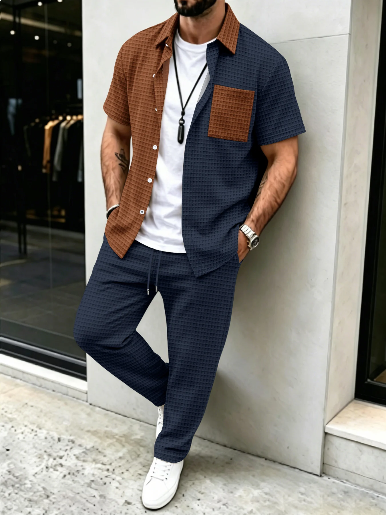 Men's Summer Color Block Patchwork Short Sleeve Shirt & Drawstring Long Pants Set for Daily Casual and Outdoor Travel Outfits - view 3