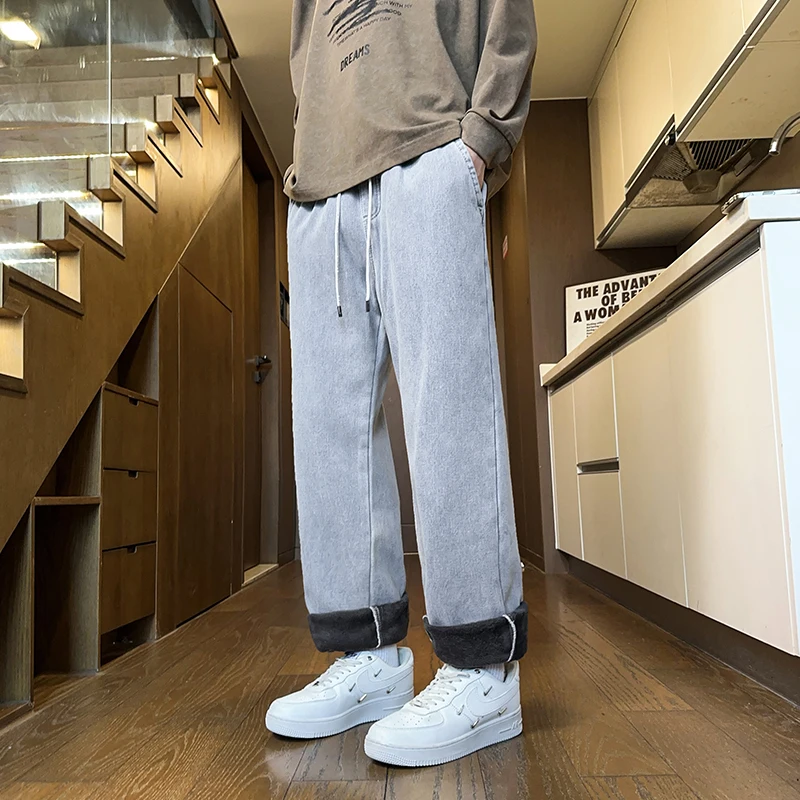 겨울 두꺼운 남성용 스트레이트 진 단색 패션 플리스 따뜻한 바지 클래식 벨벳 루즈 데님 팬츠 남성용 S-5XL