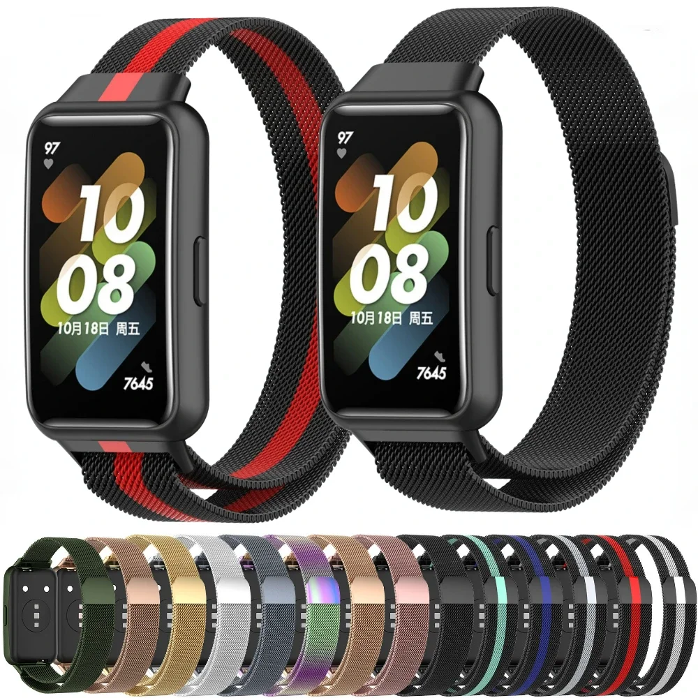 Milanese tali arloji untuk Huawei Bnad 7, tali gelang magnetik jam tangan Huawei Band 7, aksesori gelang pengganti