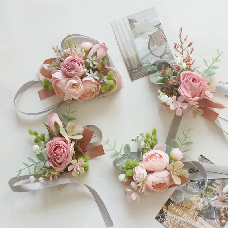 YeeNanee 6pcs Pink Corsage Boutonniere Set for Bride Groom Bridesmaids Groomsmen Wedding Cerenony Homecoming Prom Suit Flowers