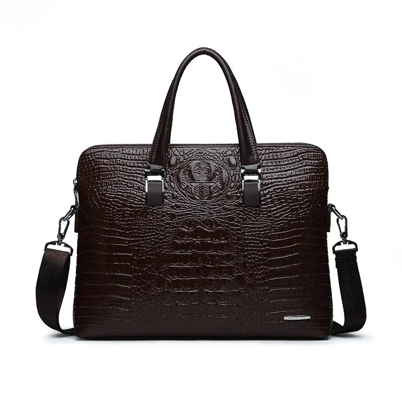 Men's Business Tote Bag Horizontal Style Crocodile-Patterned Double-Zipper Casual Tote Briefcase Shoulder Bag Crossbody Bag