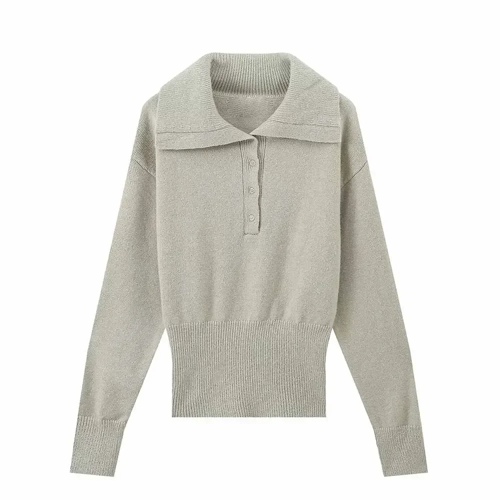 

Women's new fashion short stretch slim polo shirt collar knitted sweater retro long sleeved button up women's pullover chic top