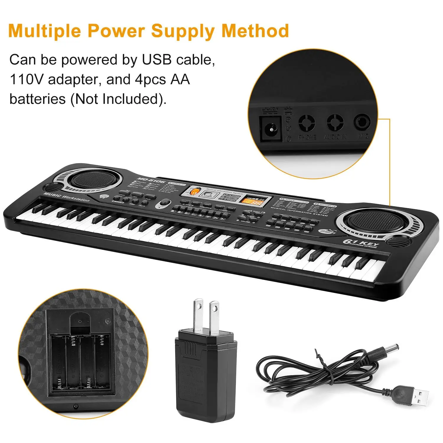 61-Key Digital Piano for Kids, Multifunctional Music Keyboard Toy with Microphone, 16 Tones, 10 Rhythms, Recording, Learning & U
