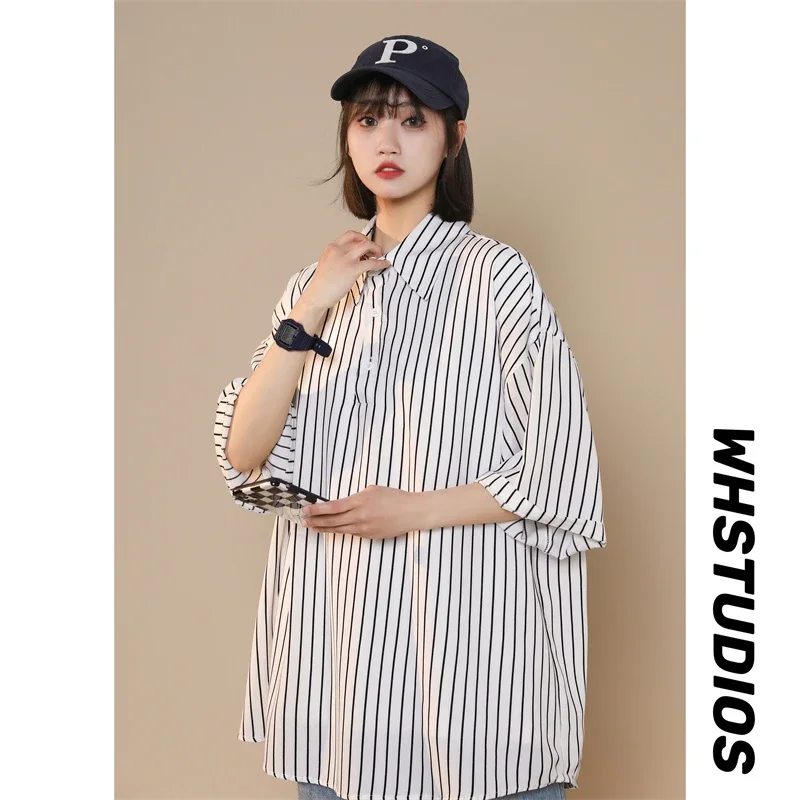 

Женские черно-белые полосатые свободные рубашки с коротким рукавом, блузки для студенток, шикарные топы в корейском стиле больших размеров, мягкая уличная одежда