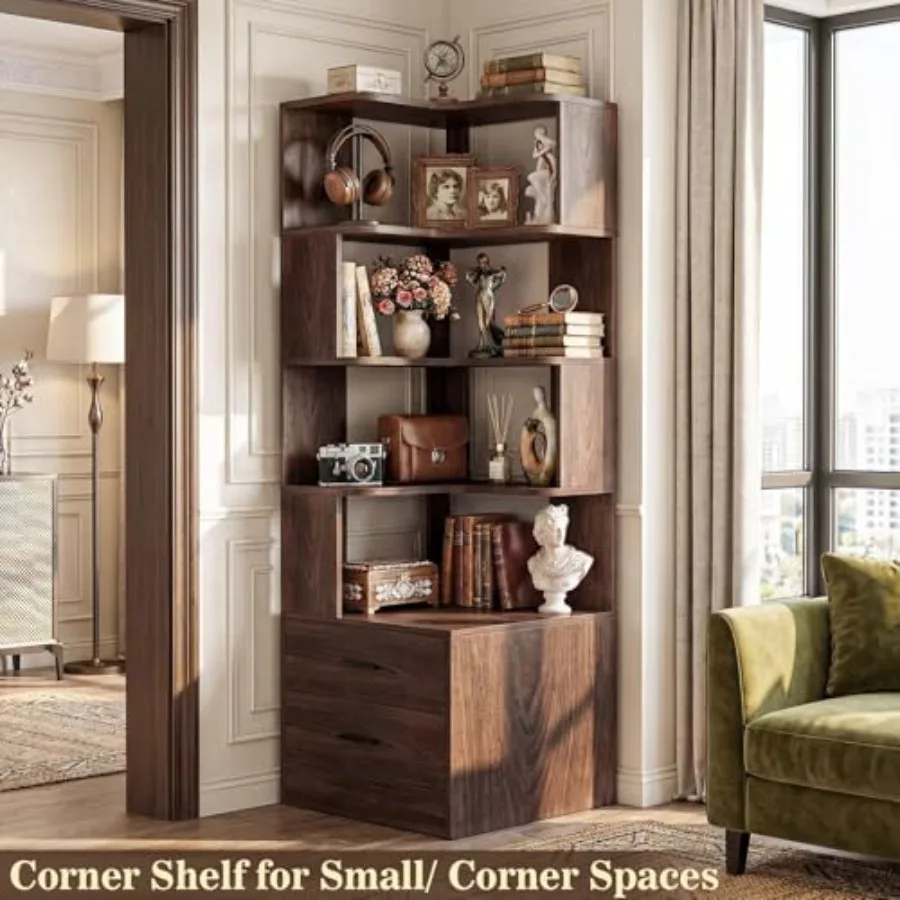 Corner Bookshelf with Drawers for Living Room, Solid Wood, Natural Oak Finish, Space-Saving Design with Smooth-Glide Drawers
