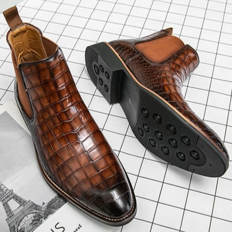 

Vintage Crocodile Pattern Patent Leather Boots Men's Chelsea Boots Men's Ankle Boots Fashion Designer Men Leisure Business Shoes