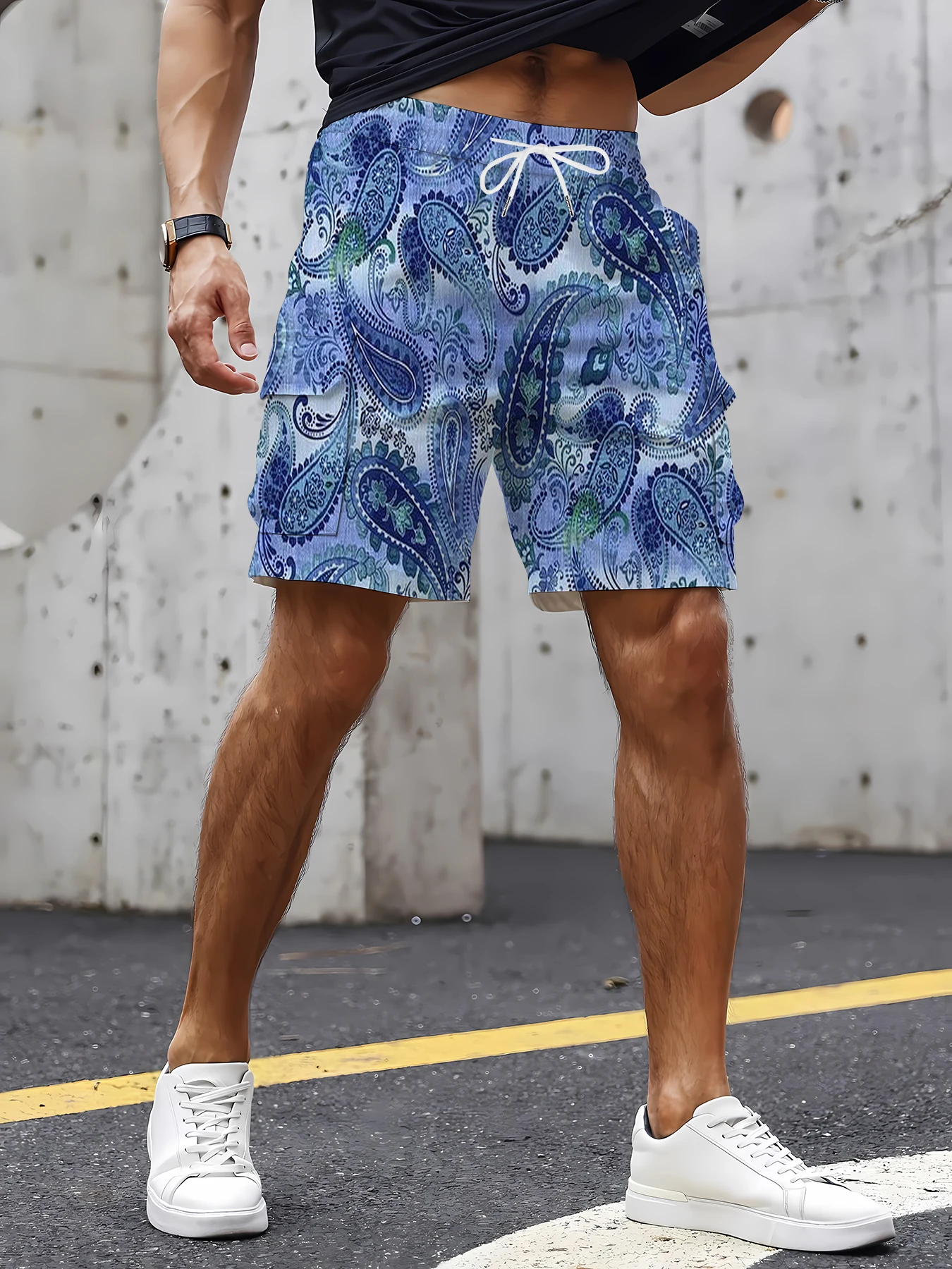 Men's Vintage Printed Multi-Pocket Cargo Shorts Retro Loose Fit Summer Casual Workwear Shorts