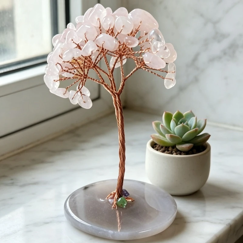 Natural Pink Rose Quartz Crystal Tree Perfect for Home Decor on A Bedroom Table A Spiritual Gift