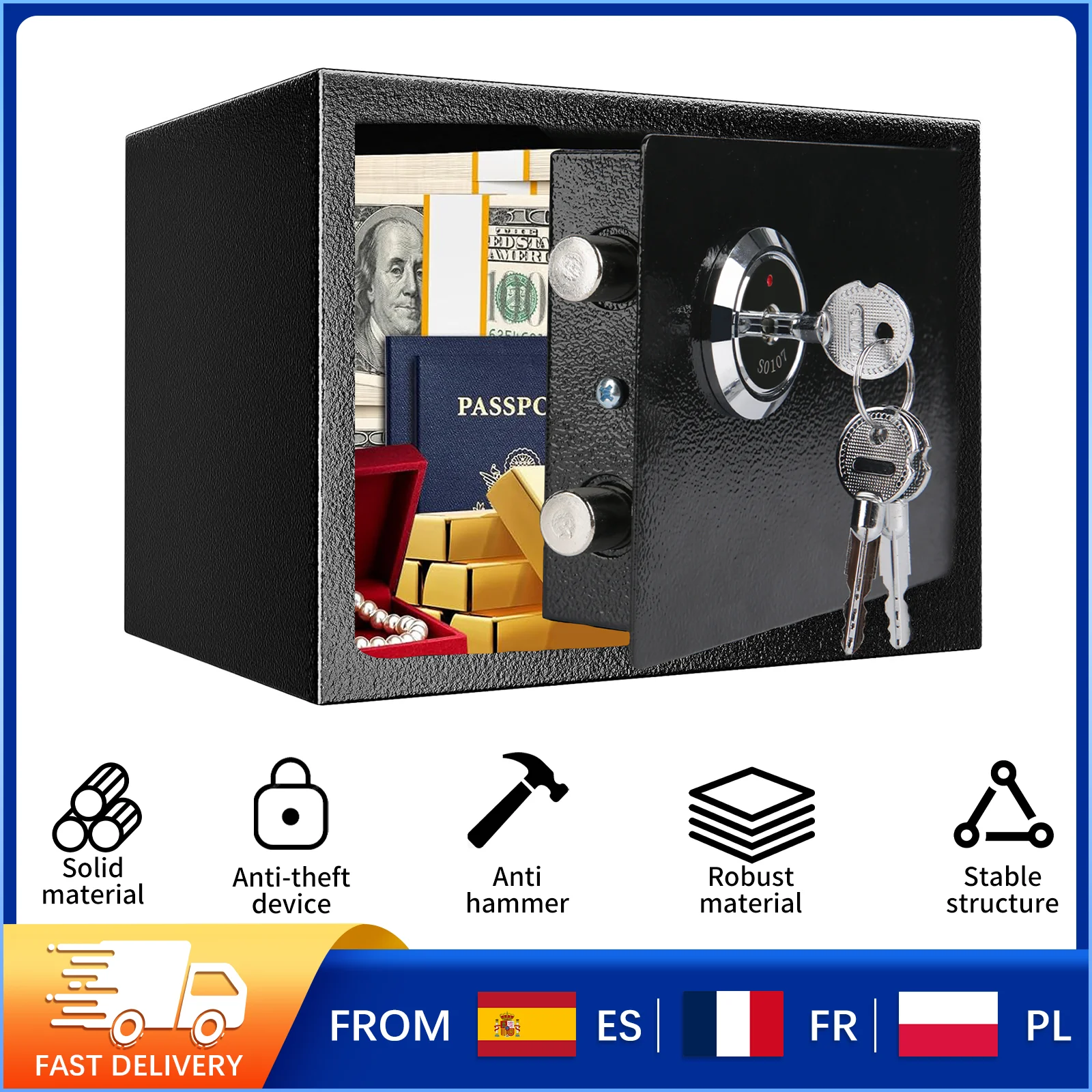 Caja de seguridad con cerradura de llave, caja de dinero portátil de acero y hierro con llaves de emergencia para documentos de hotel, oficina en casa, objetos de valor