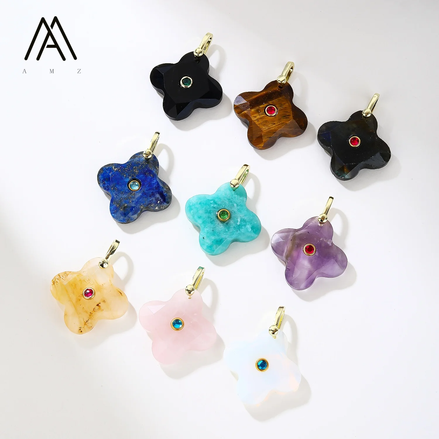 1/3/5/10pcs CZ Natural Stone Flower Charm Four Leaf Clover Pendant Gold Plated DIY Necklace Bracelet Jewelry Making Supply