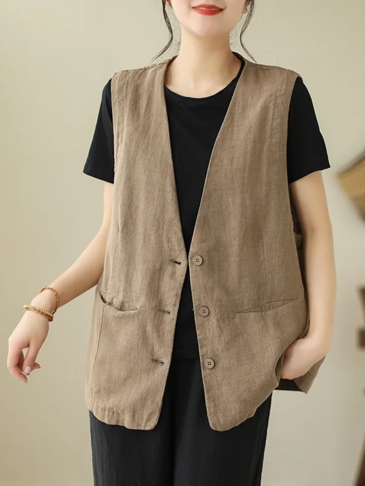 

Летняя тонкая хлопково-льняная майка, женская простая универсальная повседневная свободная хлопково-льняная майка с v-образным вырезом, подходящая для всех круглых дизайнов Ne