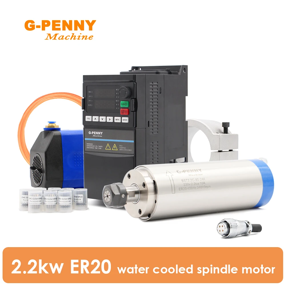 Maszyna G-PENNY 2,2 kW ER20 D80 Chłodzony wodą silnik wrzeciona 220 V/380 V 2,2 kW Częstotliwość VFD i wspornik mocujący 80 mm Pompa wodna 75 W