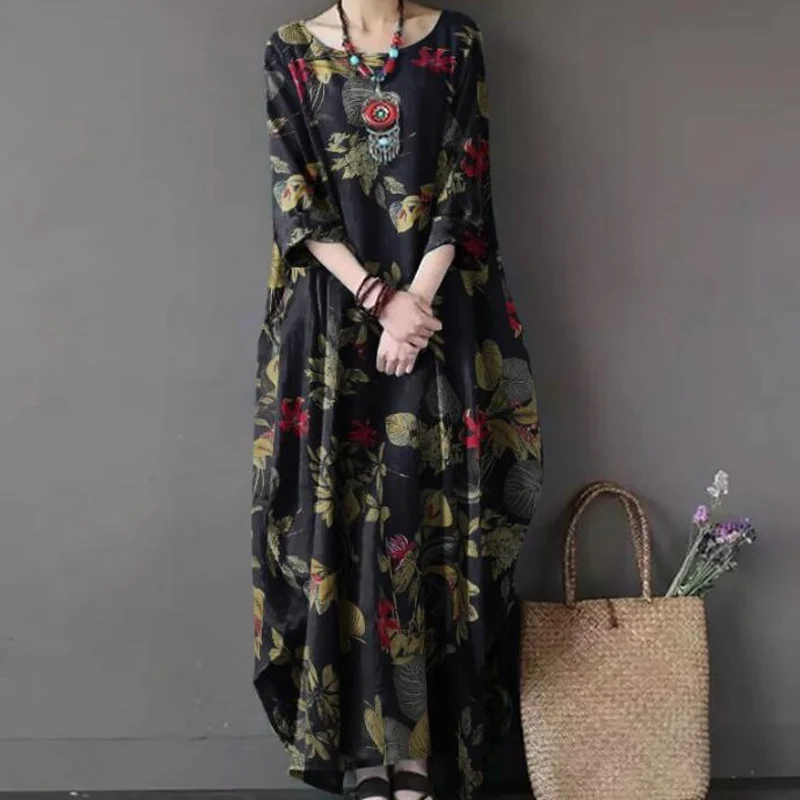 Robe maxi en coton et lin pour femmes, vintage, imprimé floral, style ethnique, asymétrique, demi-manches, streetwear