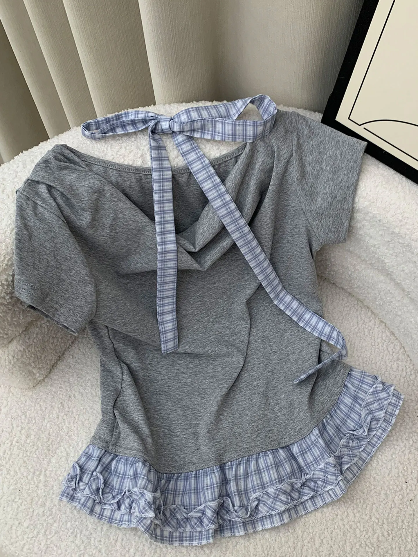 

Korean Sle ort Sve T-irt Women's Summer Design Sense Splice Waist Inward ortened Hanging Ne Top Women's Faion