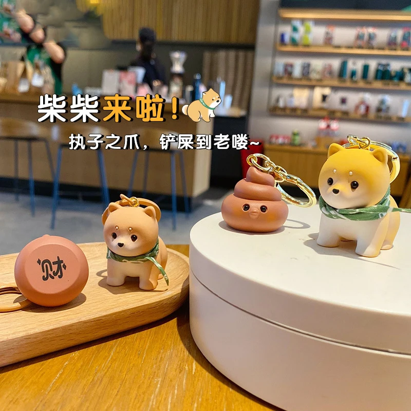 Creative Couple Buckle Strap Scarf Shiba Inu Doll Key Chain Cute Funny Dog With Dog Shit Fortune Keychain Gift for Men Women Bag