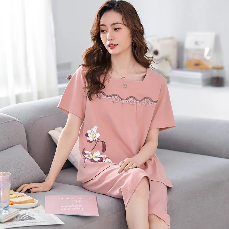 Lớn Thước M-3XL Nữ Bộ Đồ Ngủ Ngắn Tay Mùa Hè Pyjamas Cotton Đồ Ngủ Nữ Đêm Phù Hợp Với Phù Hợp Với Áo Quần Áo Mặc Ở Nhà Cho Nữ