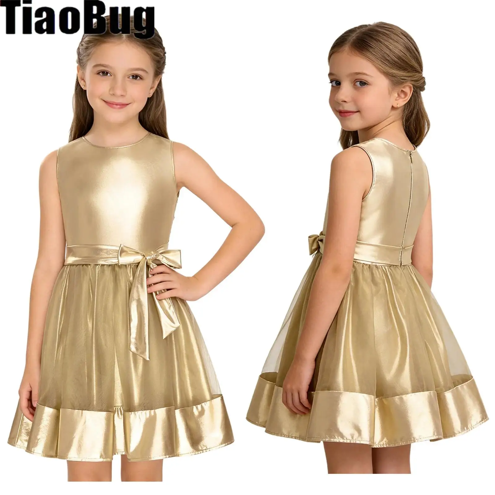 

Kids Girls Metallic Shiny Dress with Sash Sheer Mesh Hem Sleeveless A-line Tank Dress Party Gown for Birthday Wedding