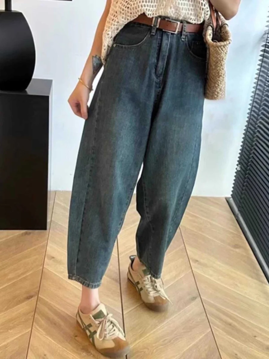 

High Waist Wide Leg Denim Jeans Women's Early Autumn New Style plus Size Conceal Hip Slimming Loose Nine Point Banana Pants