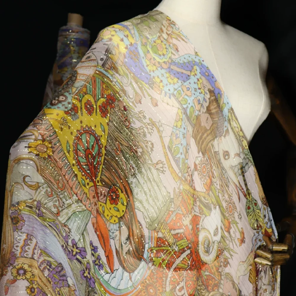 

Paisley Girl Breathable Vintage Special Shiny Metallic Pure Silk Crinkle Georgette Lurex Fabric for Lady Saree Clothes