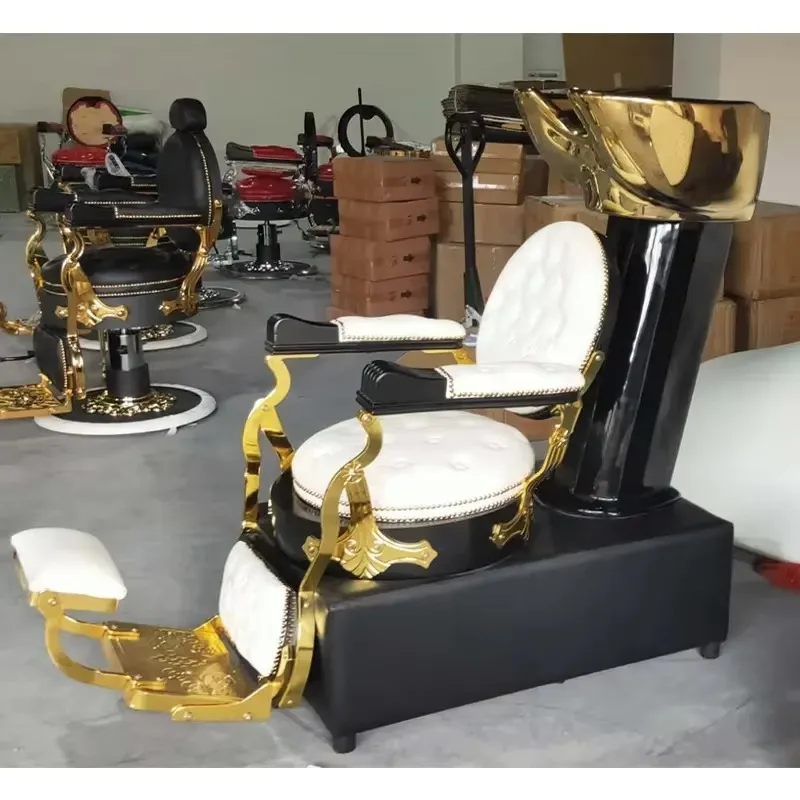 Luxury White Leather Black Barber Chair With European Style Hair Wash Bowl For Salon Spa