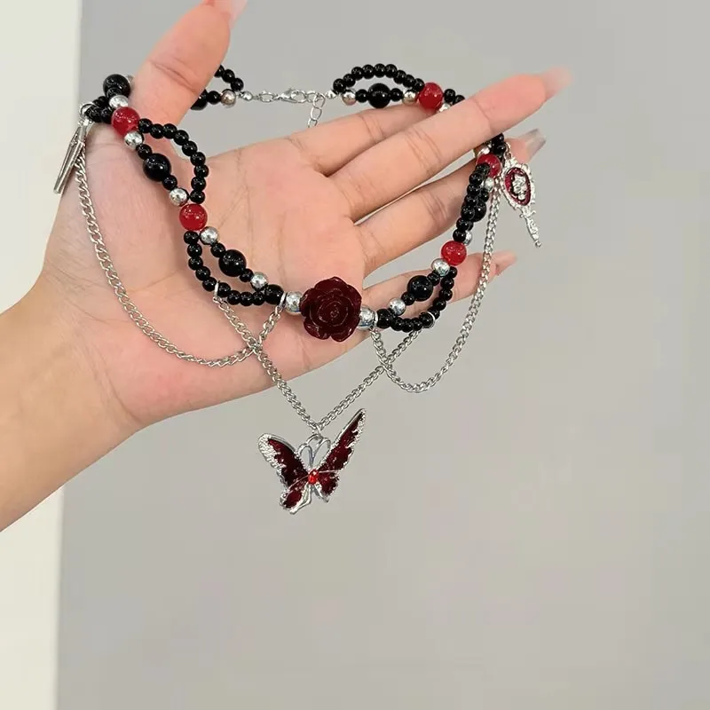 القوطية Y2K الأحمر فراشة شرابة سلسلة قلادة مطرز المختنق سلسلة قلادة للنساء Egirl هالوين حُليات المجوهرات والاكسسوارات #5